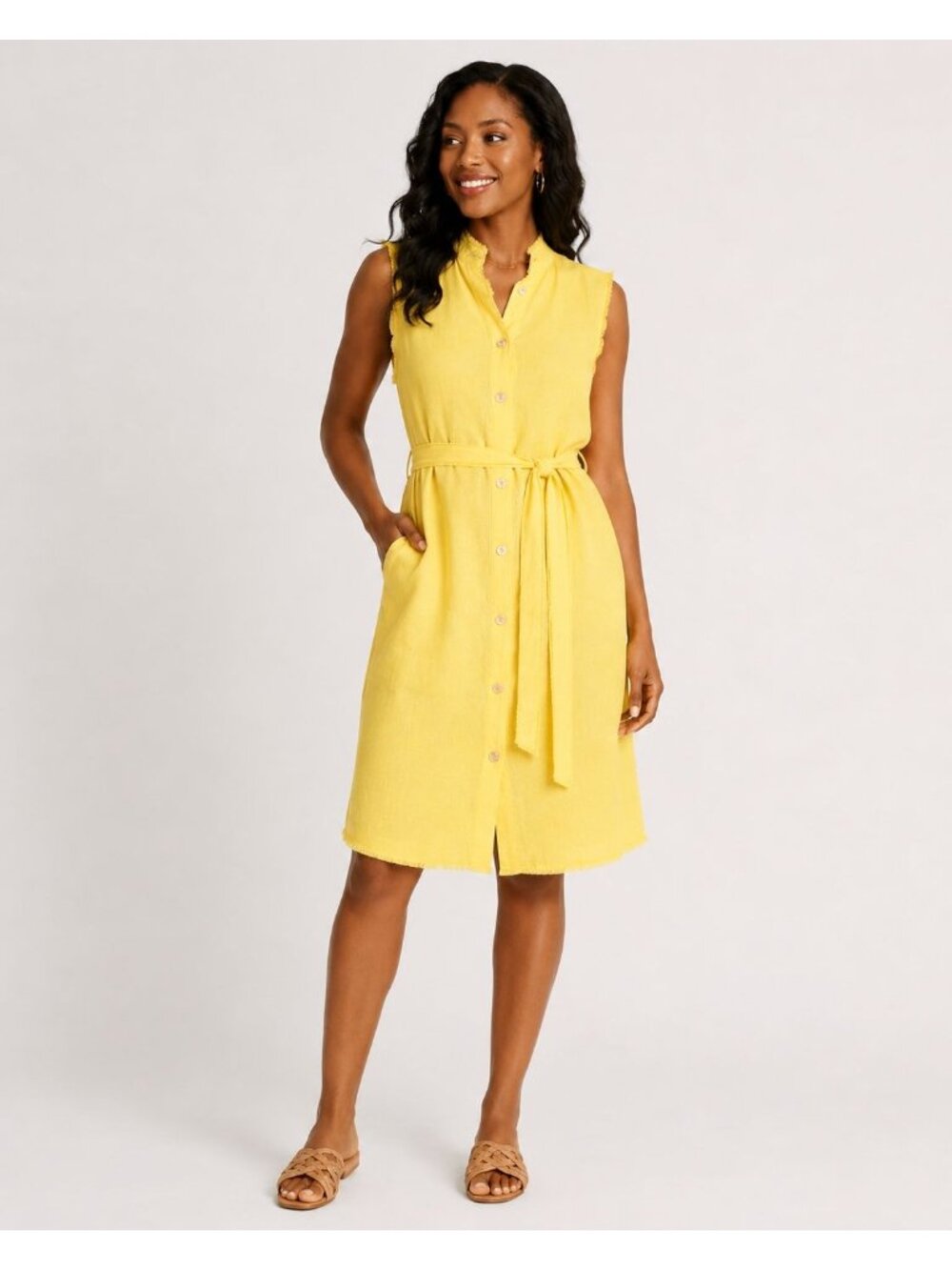 IOS Yellow Linen Maxi Shirt Dress Fringe Tie Waist Resort Coastal Boho MP